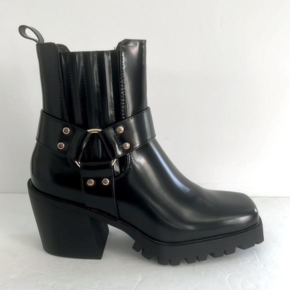 SHOE DAZZLE Black Ankle Boots Buckle Detail Lug Sole Moto Combat Shoes Size 9.5 - Picture 8 of 13